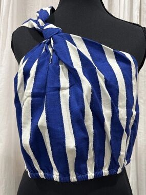 Farm Rio Blue & White Striped One-Shoulder Linen Top